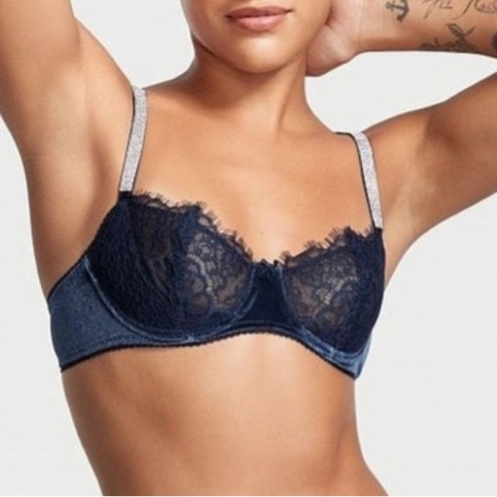 VS Wicked Unlined Lace & Velvet Shine Strap Balconette Bra Noir Navy 32A